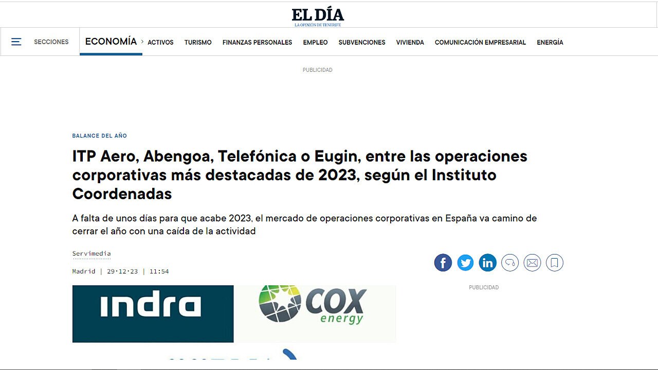 ITP Aero, Abengoa, Telefnica o Eugin, entre las operaciones corporativas ms destacadas de 2023, segn el Instituto Coordenadas